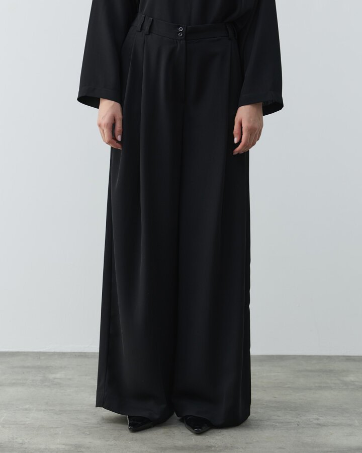 Krep Çift Pileli Palazzo Pantolon Siyah