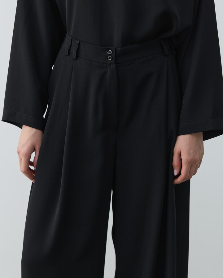 Krep Çift Pileli Palazzo Pantolon Siyah - (1)