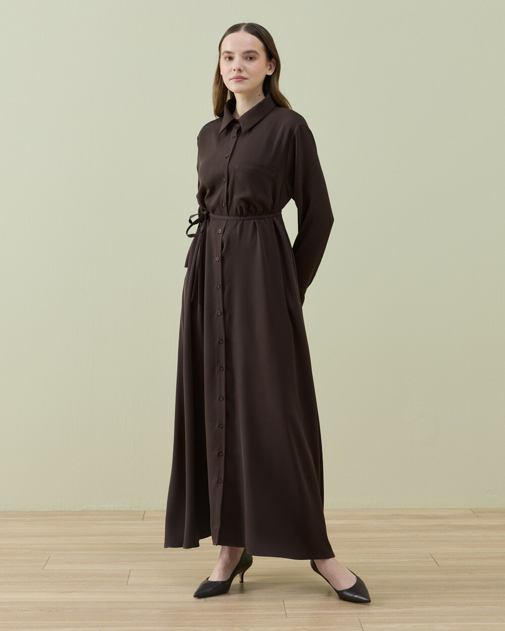 Krep Gömlek Elbise Acı Kahve - Aybikestil