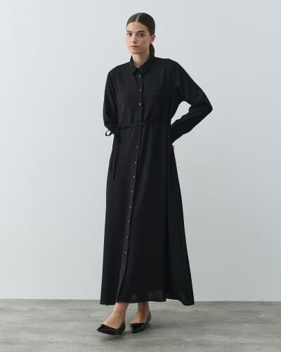 Krep Gömlek Elbise Siyah 