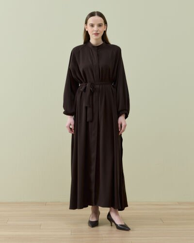 Krep Yandan Yırtmaçlı Düğmeli Abaya Acı Kahve 