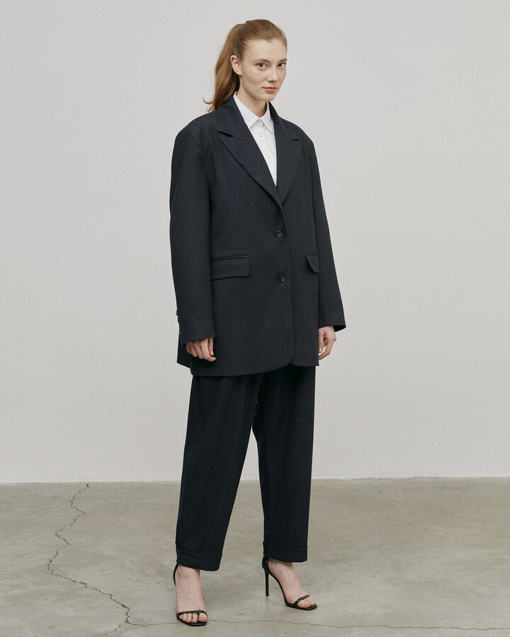 Oversize Dad Blazer Ceket Lacivert Çizgili