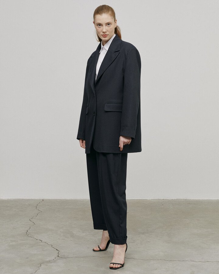 Oversize Dad Blazer Ceket Lacivert Çizgili