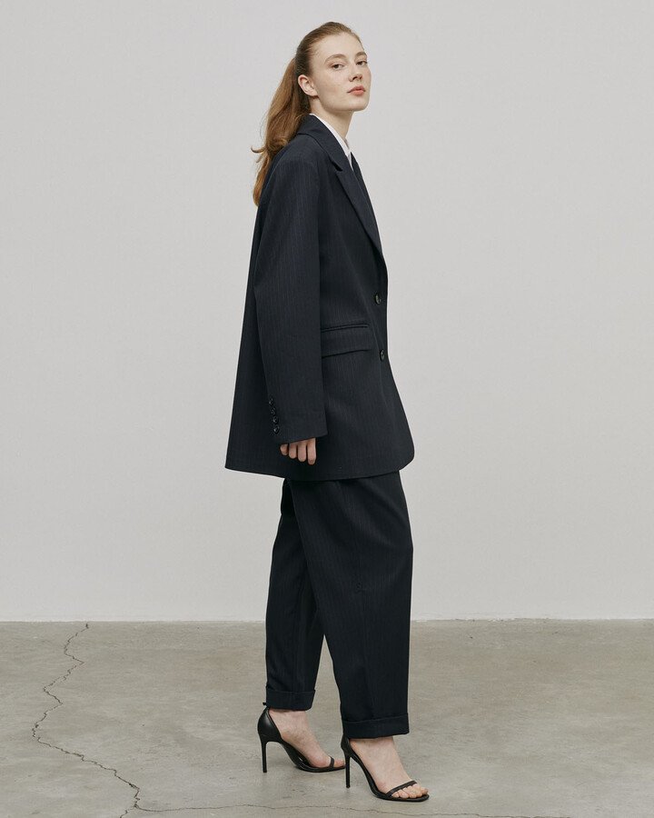 Oversize Dad Blazer Ceket Lacivert Çizgili
