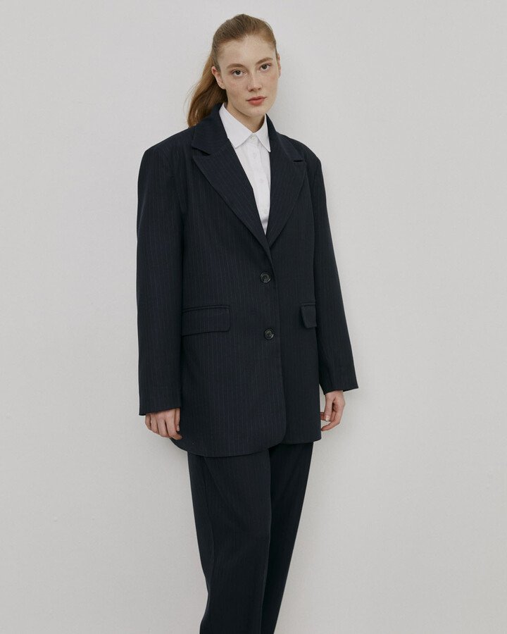 Oversize Dad Blazer Ceket Lacivert Çizgili