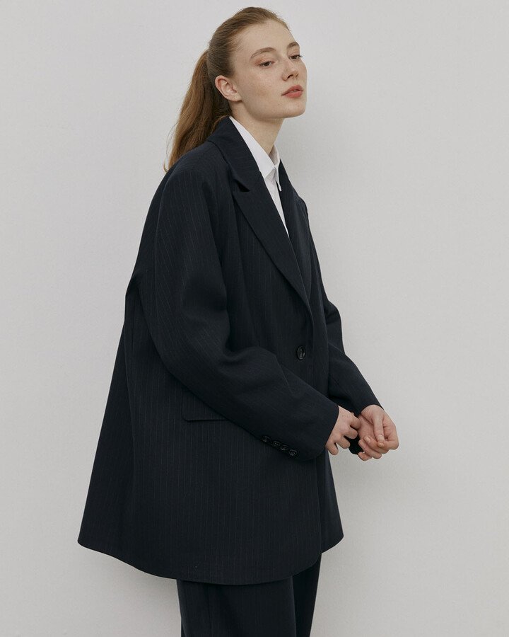 Oversize Dad Blazer Ceket Lacivert Çizgili