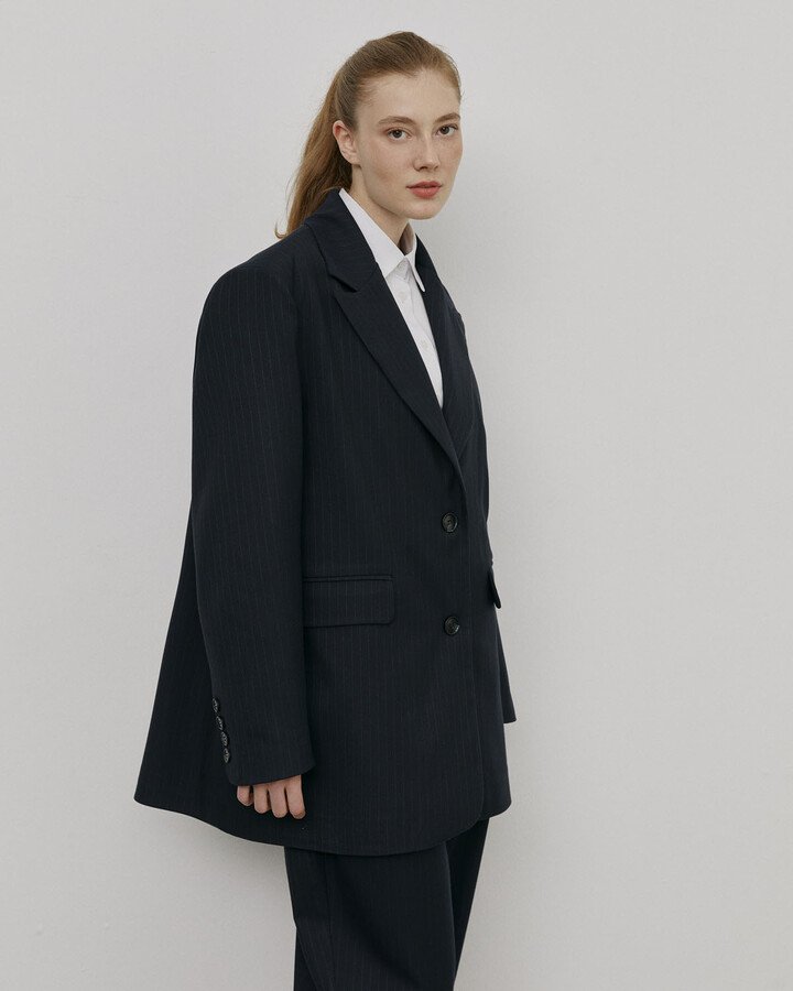 Oversize Dad Blazer Ceket Lacivert Çizgili