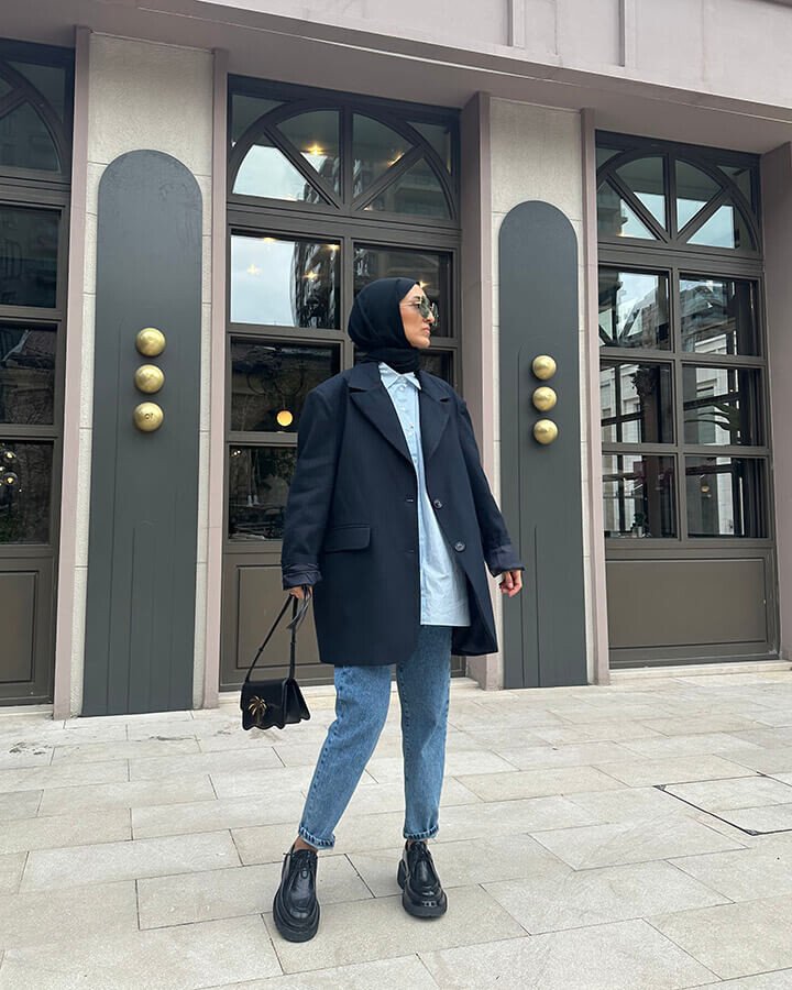 Oversize Dad Blazer Ceket Lacivert Çizgili