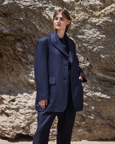 %100 Keten Dad Blazer Ceket Lacivert 