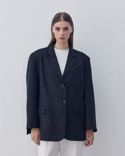 Limited Oversize Boyfriend Blazer Ceket Yeşil Ekose 