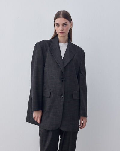 Limited Oversize Dad Blazer Ceket Füme Kare Desenli 