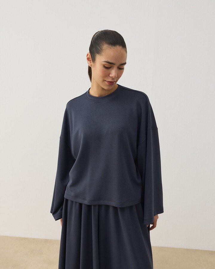 Modal Soft Touch Crop Kimono Kısa Bluz Füme