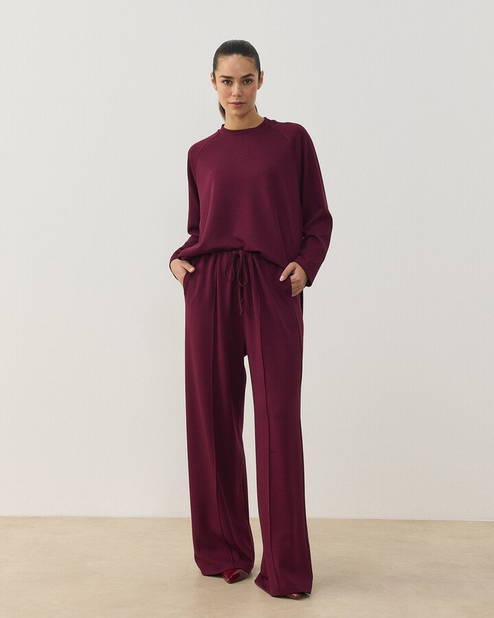 Modal Soft Touch Nervürlü Straight Pantolon Bordo