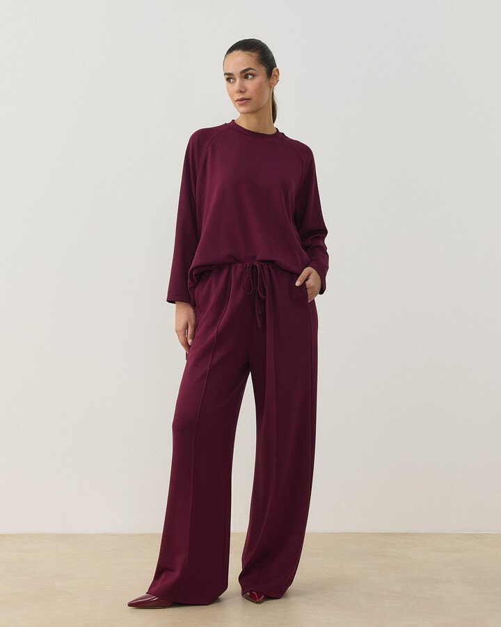 Modal Soft Touch Nervürlü Straight Pantolon Bordo