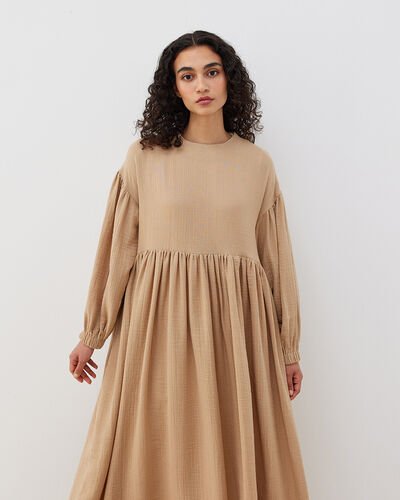 Müslin Belden Büzgülü Balon Elbise Bej - Aybikestil (1)