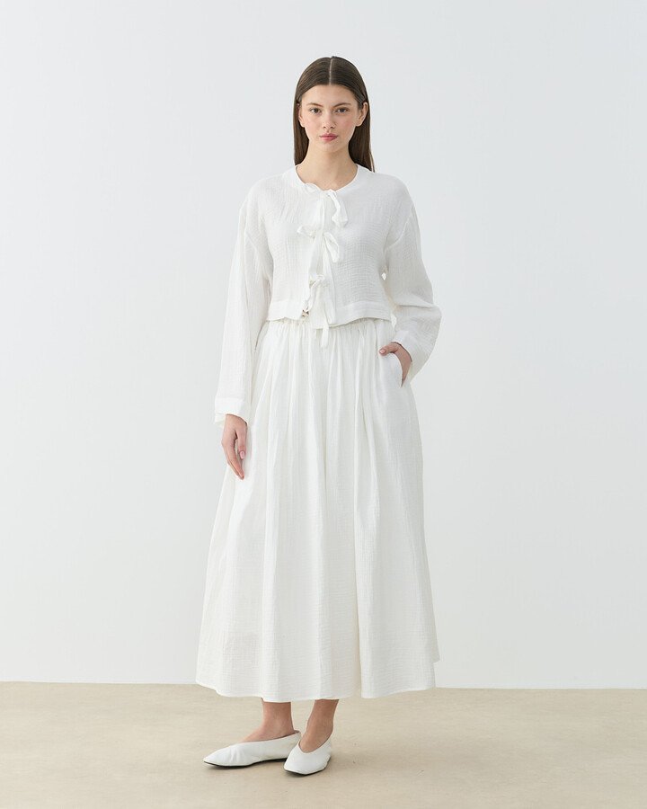 Müslin Fiyonklu Kimono Bluz Ekru
