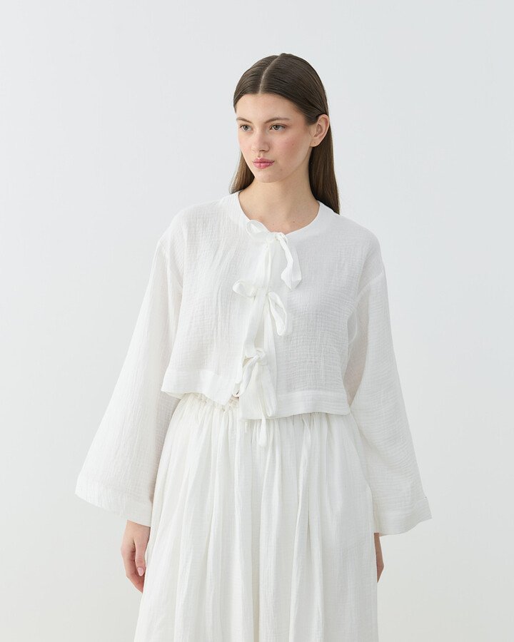 Müslin Fiyonklu Kimono Bluz Ekru
