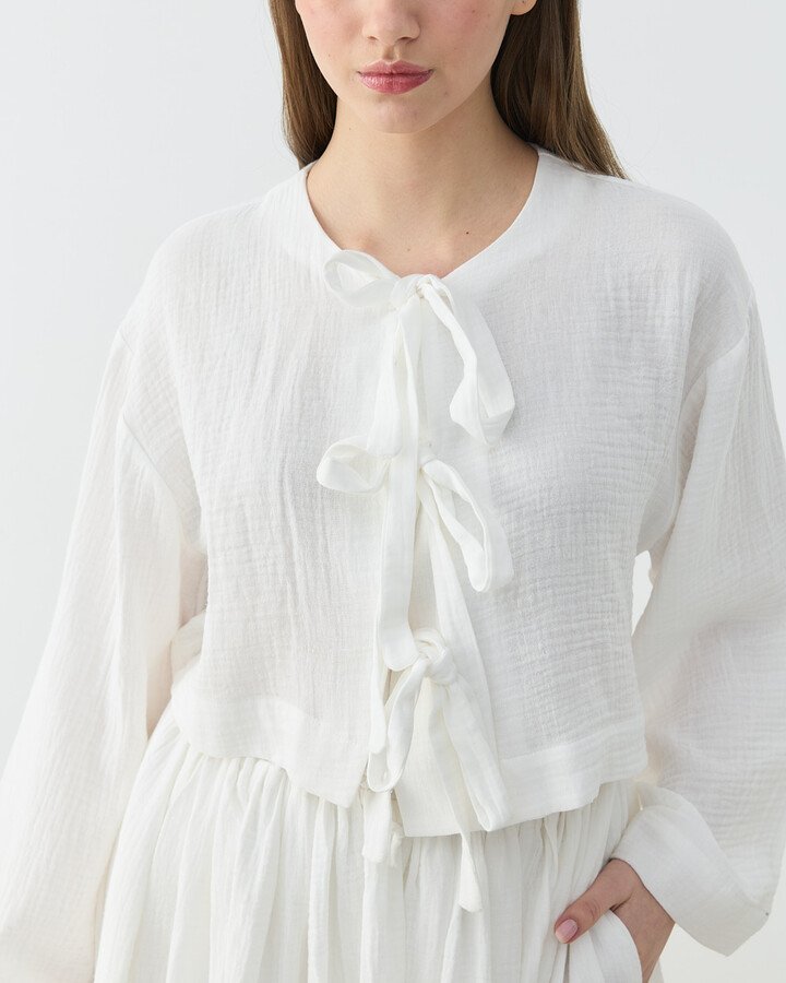 Müslin Fiyonklu Kimono Bluz Ekru