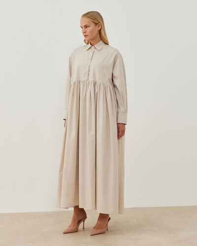 Oversize Büzgülü Gömlek Elbise Bej 
