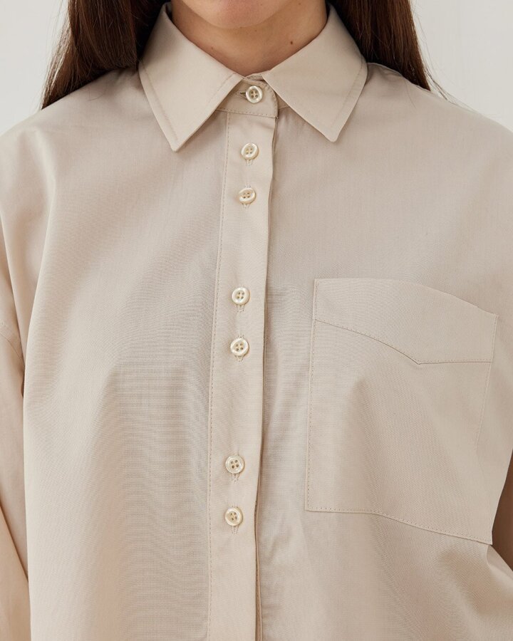 Poplin Kısa Crop Cepli Gömlek Bej - Aybikestil (1)