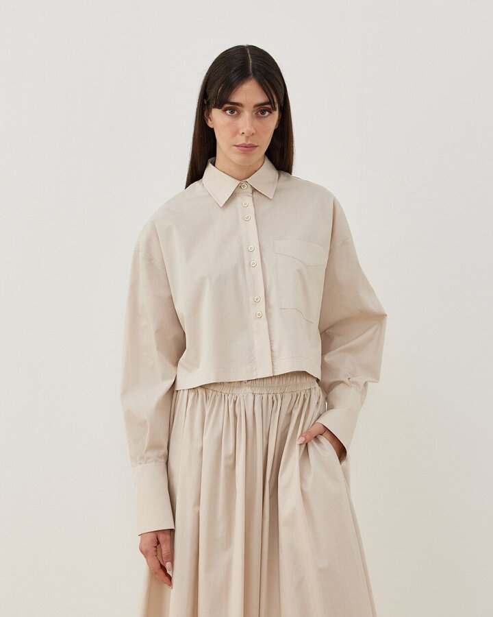 Poplin Kısa Crop Cepli Gömlek Bej - Aybikestil (1)