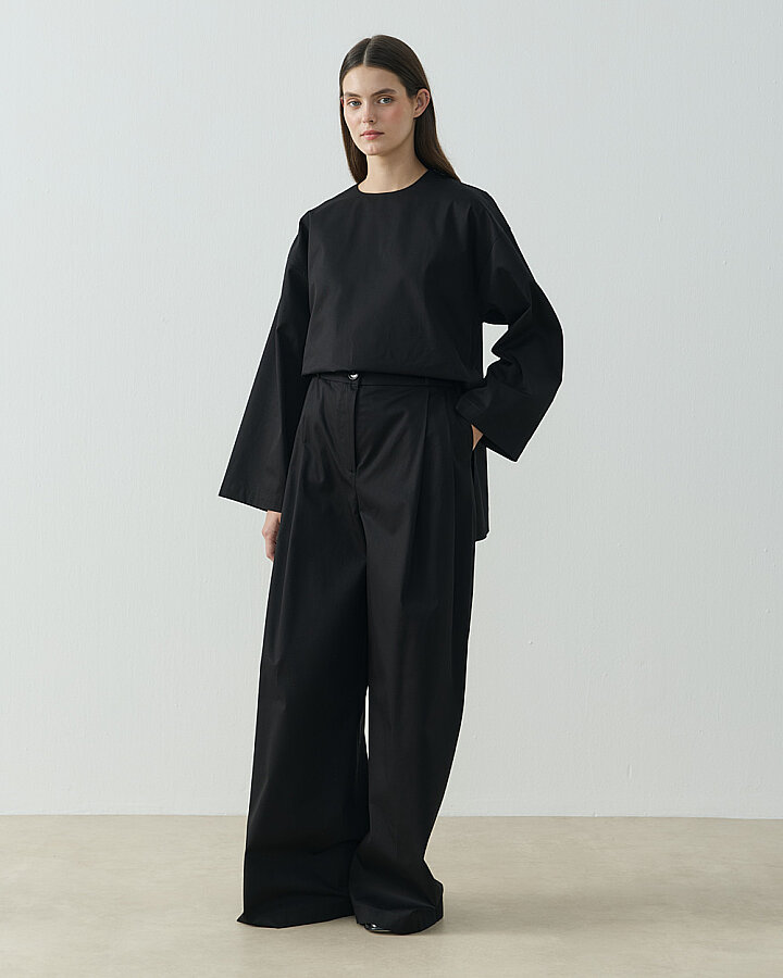 Paper Gabardin Çift Pileli Palazzo Pantolon Siyah - Aybikestil (1)