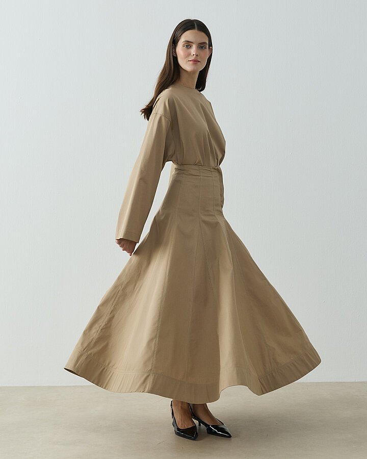 Paper Gabardin Çok Parçalı Pervazlı Etek Camel - Aybikestil (1)