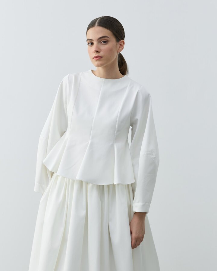 Paper Gabardin Kulplu Volanlı Replum Kısa Bluz Ekru - Aybikestil