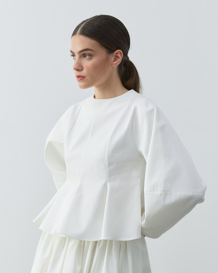 Paper Gabardin Kulplu Volanlı Replum Kısa Bluz Ekru - Aybikestil (1)