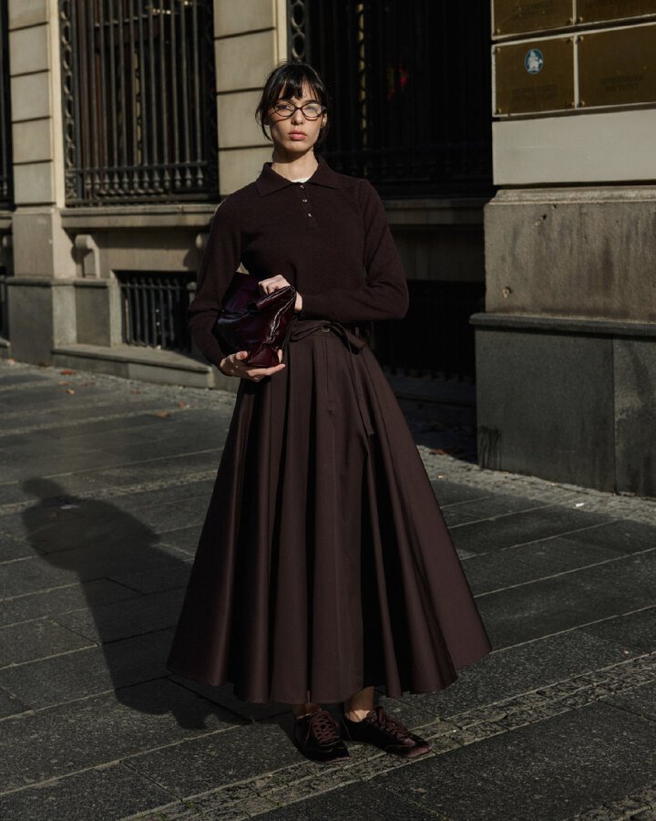 Paper Gabardin Tam Kloş Önü Patlı Etek Kahve - Aybikestil (1)