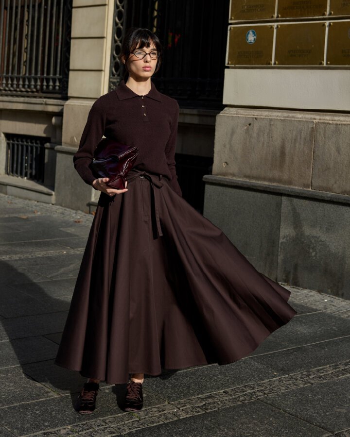 Paper Gabardin Tam Kloş Önü Patlı Etek Kahve - Aybikestil