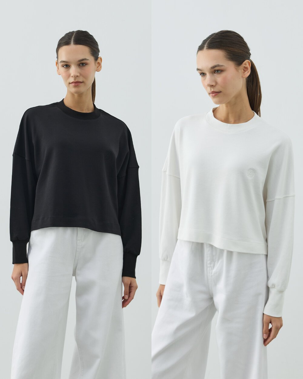 Penye İnterlok Crop Kısa Bluz 2'li Siyah-Ekru - 