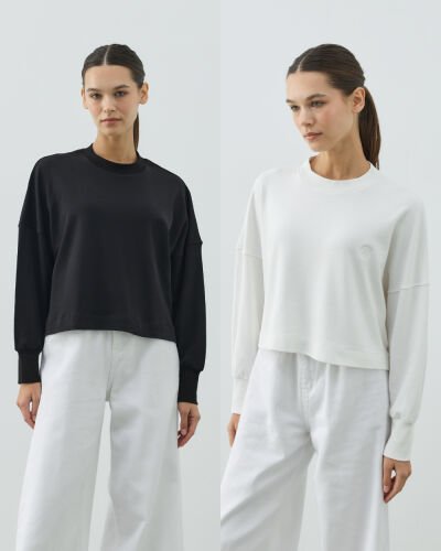 Penye İnterlok Crop Kısa Bluz 2'li Siyah-Ekru 