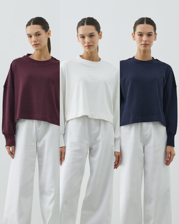 Penye İnterlok Crop Kısa Bluz 3'lü Ekru-Lacivert-Mürdüm - Aybikestil