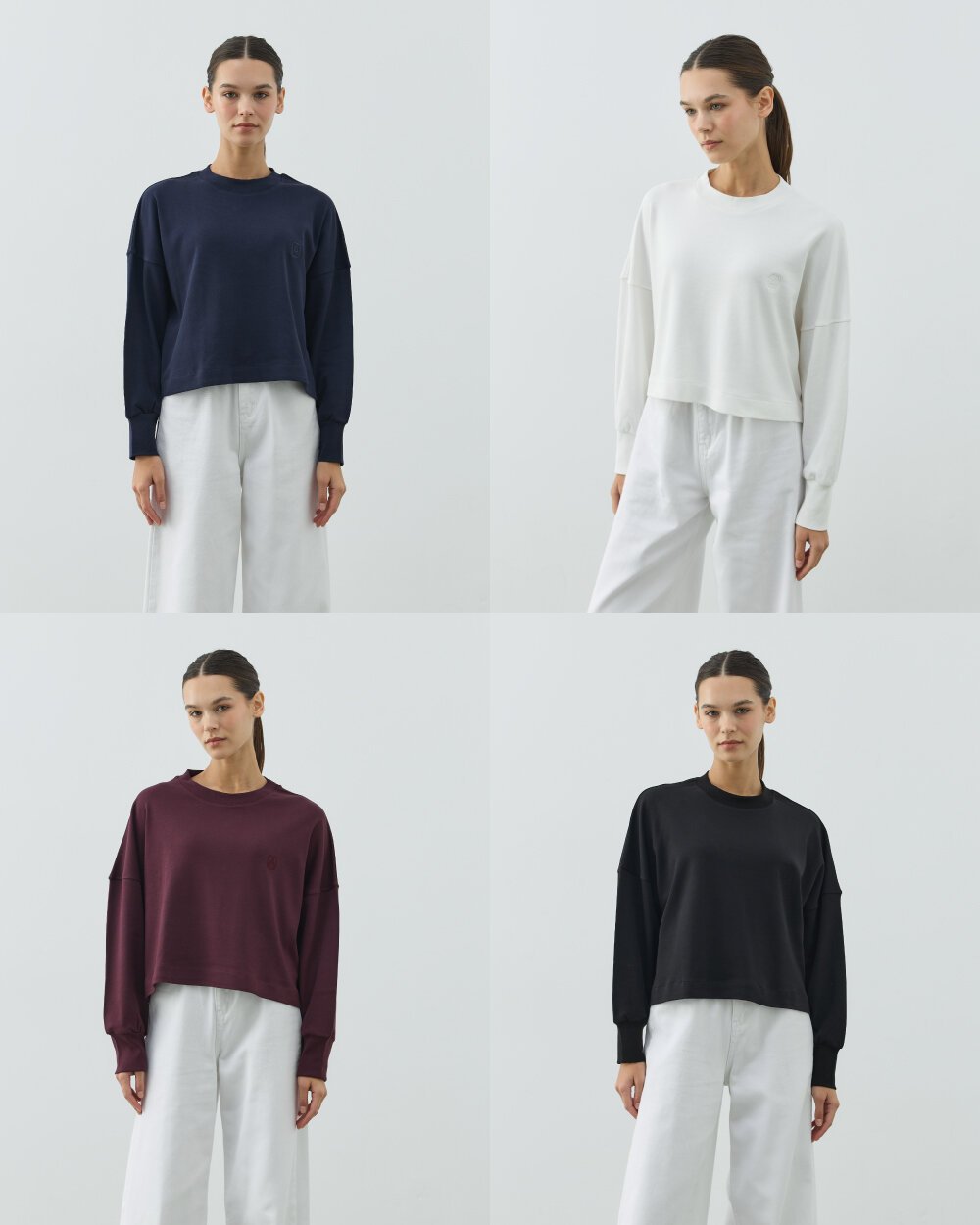 Penye İnterlok Crop Kısa Bluz 4'lü Ekru-Siyah-Lacivert-Mürdüm - Aybikestil