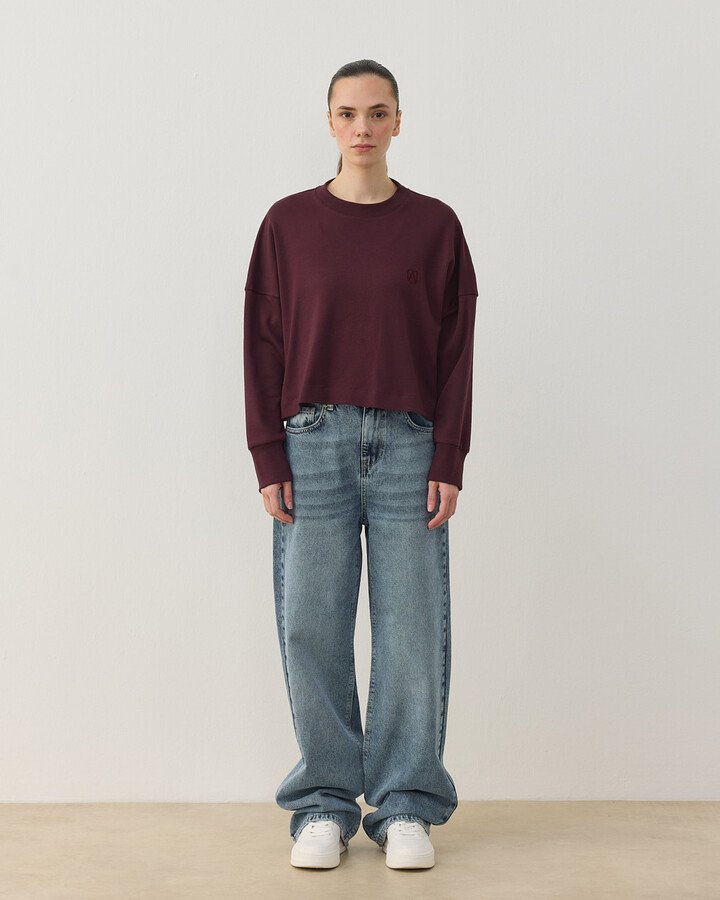 Penye İnterlok Crop Kısa Bluz Bordo