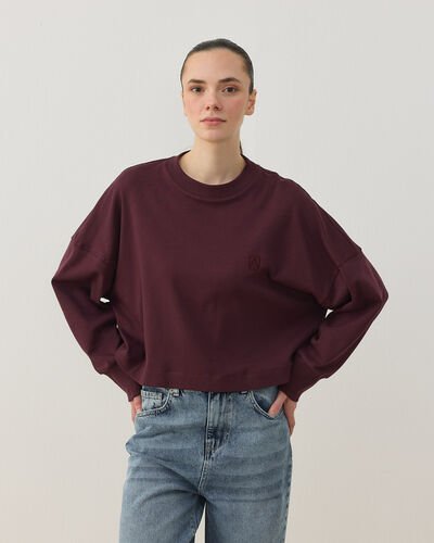 Penye İnterlok Crop Kısa Bluz Bordo 