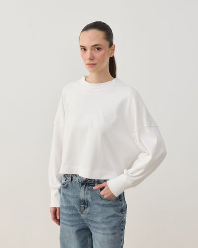 Penye İnterlok Crop Kısa Bluz Ekru 