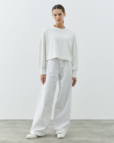 Penye İnterlok Crop Kısa Bluz Ekru - Aybikestil (1)