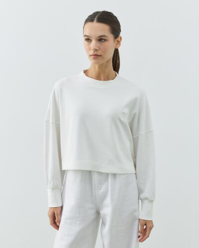 Penye İnterlok Crop Kısa Bluz Ekru 