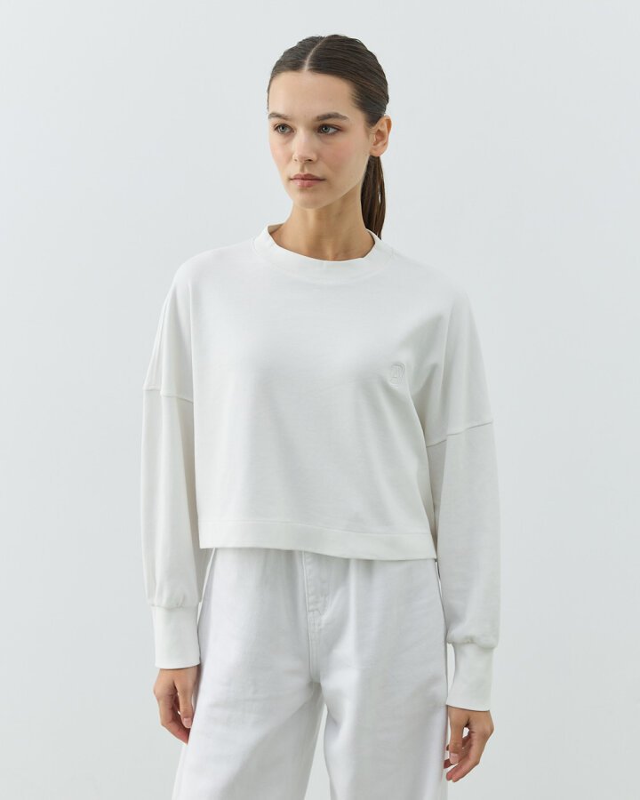 Penye İnterlok Crop Kısa Bluz Ekru - Aybikestil