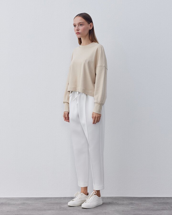 Penye İnterlok Crop Kısa Bluz Krem