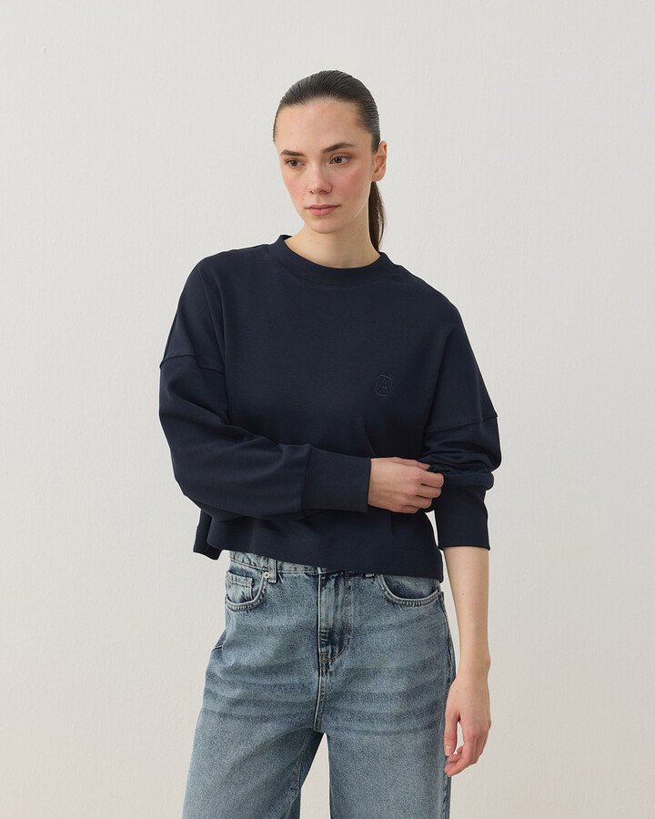 Penye İnterlok Crop Kısa Bluz Lacivert