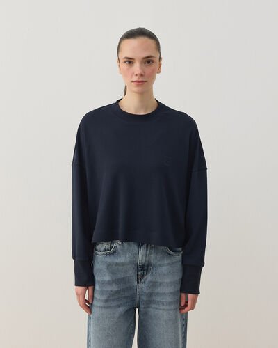 Penye İnterlok Crop Kısa Bluz Lacivert 