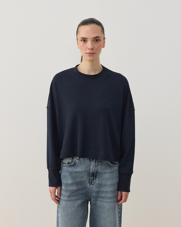 Penye İnterlok Crop Kısa Bluz Lacivert