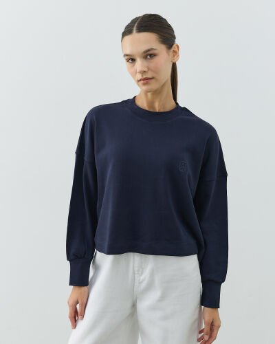 Penye İnterlok Crop Kısa Bluz Lacivert 