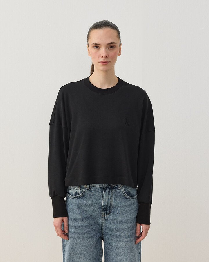 Penye İnterlok Crop Kısa Bluz Siyah