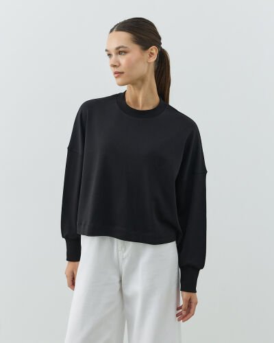 Penye İnterlok Crop Kısa Bluz Siyah 