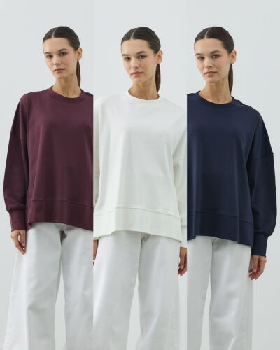 Penye İnterlok Fresh Yırtmaçlı Bluz 3'lü Ekru-Lacivert-Mürdüm 