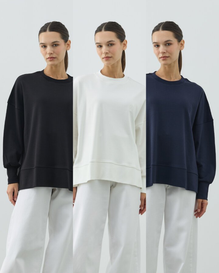 Penye İnterlok Fresh Yırtmaçlı Bluz 3'lü Siyah-Ekru-Lacivert - Aybikestil